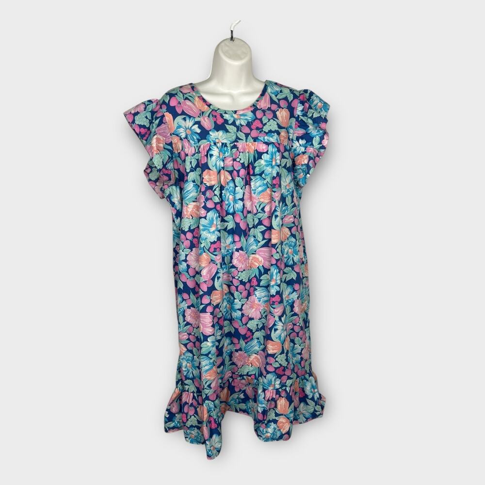 Vintage Muumuu House Dress‎ Blue Fruit Floral Patio Dress M